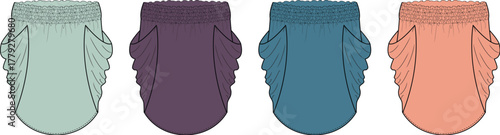 A set of four colorful, layered skirt illustrations in various shades of teal, purple, blue, and peach, showcasing a stylish and modern design