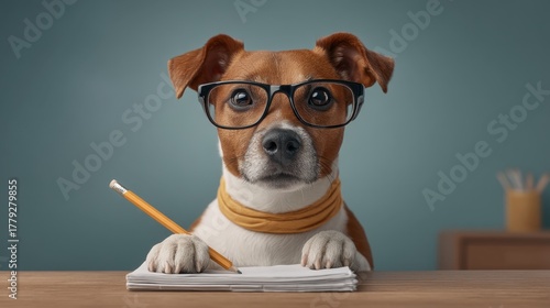 Wallpaper Mural Adorable Dog Wearing Glasses Holding a Pencil While Sitting at a Desk, Perfect for Creative and Educational Themes in Stock Photography Torontodigital.ca