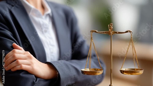 Law firm lawyer scales of justice symbolizing legal balance and professional confidence golden scale balance law gavel attorney courtroom confident