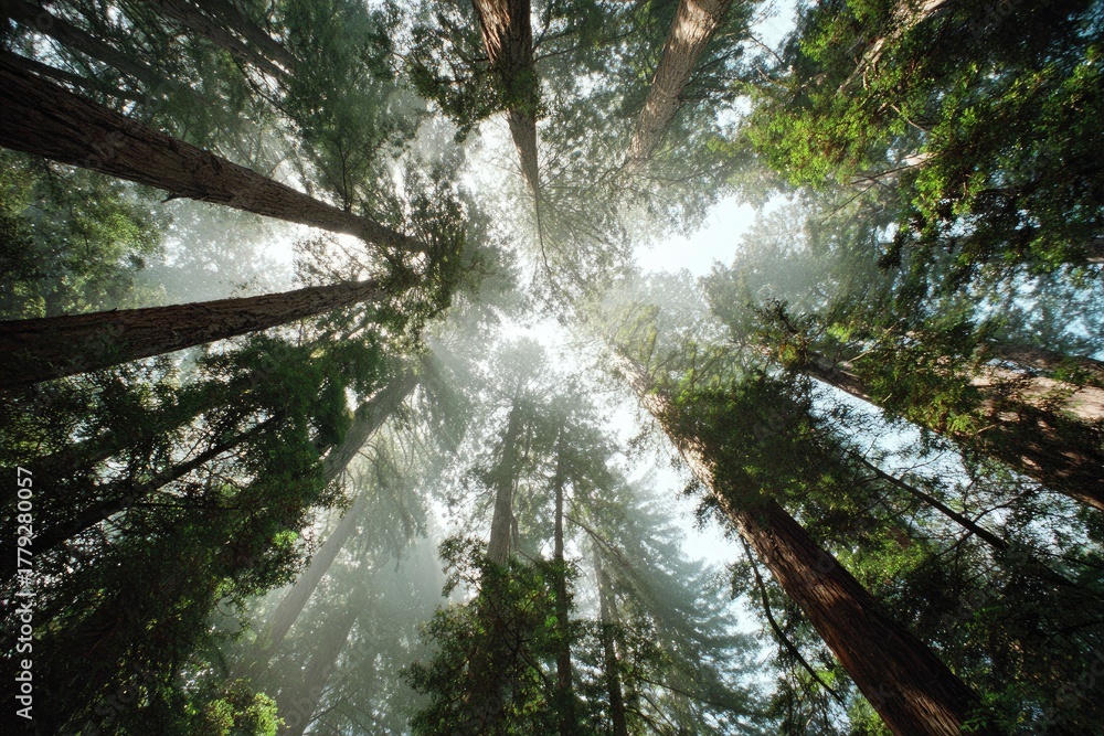 Fototapeta premium View upward through a canopy of tall trees, capturing sunlight and the sky from a low angle