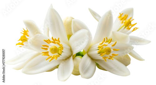 Closeup of delicate white orange blossom flowers with yellow stamens isolated on transparent background
