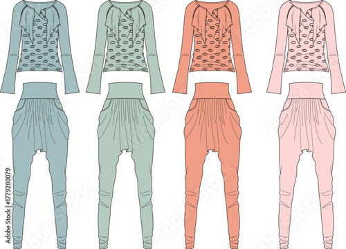 Fashion technical flat sketch of women's loungewear outfit set with ruffle top and harem pants in four color variations