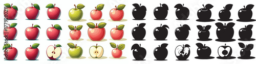 Set of vector and shilhouttes images of apple fruit on a white background