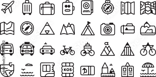 Travel and vacation icons airplane suitcase map compass camera