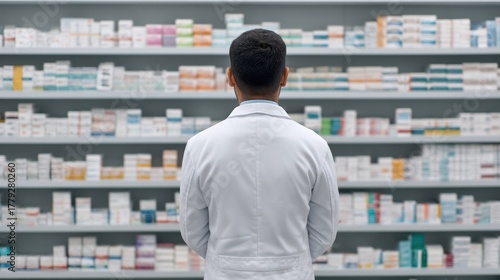 Wallpaper Mural Pharmacist Standing Behind Drug Inventory, Inspecting Shelves Full of Medication in Pharmacy, Ensuring Stock and Quality of Pharmaceutical Products Torontodigital.ca