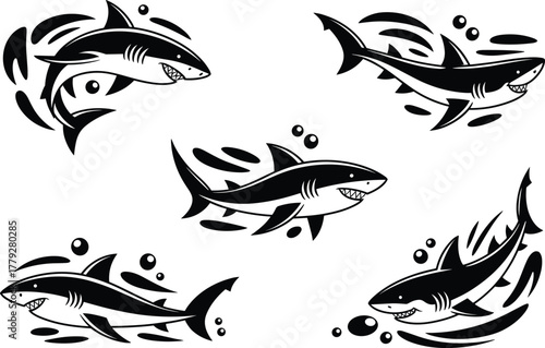 Aggressive Shark Mascot and Tattoo Style Vector Set