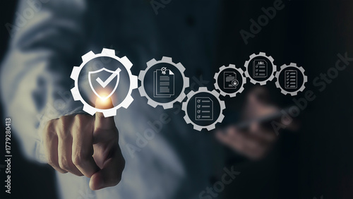 Digital document approval checklist on laptop screen. Productivity and business technology concept. Document validity management and online surveys. Enterprise business technology.