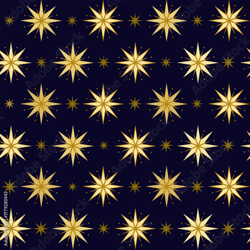  Gold stars seamless pattern. Christmas starry vector background. Night sky geometric magic wrapping paper decoration