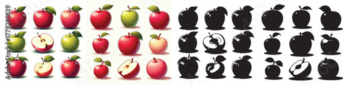 Set of vector and shilhouttes images of apple fruit on a white background