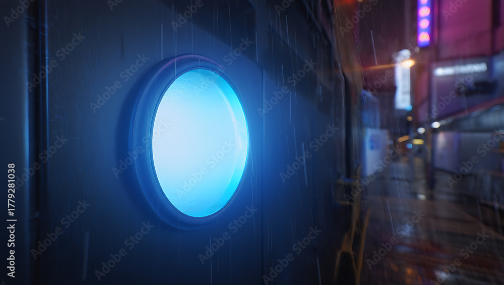 Obraz premium Illuminated porthole on a dark wall with blurry city lights in the background