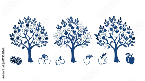 Orchard Silhouette: A trio of stylized trees laden with luscious fruits. A beautiful illustration, capturing the essence of an orchard.