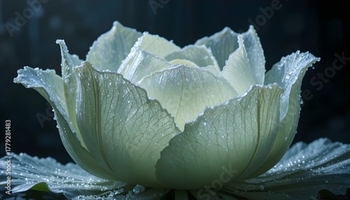 A cabbage unfolding like a frozen lotus flower, each leaf layered with thin ice crystals and pearl-like frost dots, serene composition, dramatic lighting, surreal botanical sculpture.