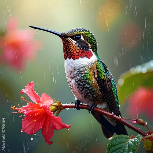 A hummingbird perched on a branch in the rain, vibrant colors
