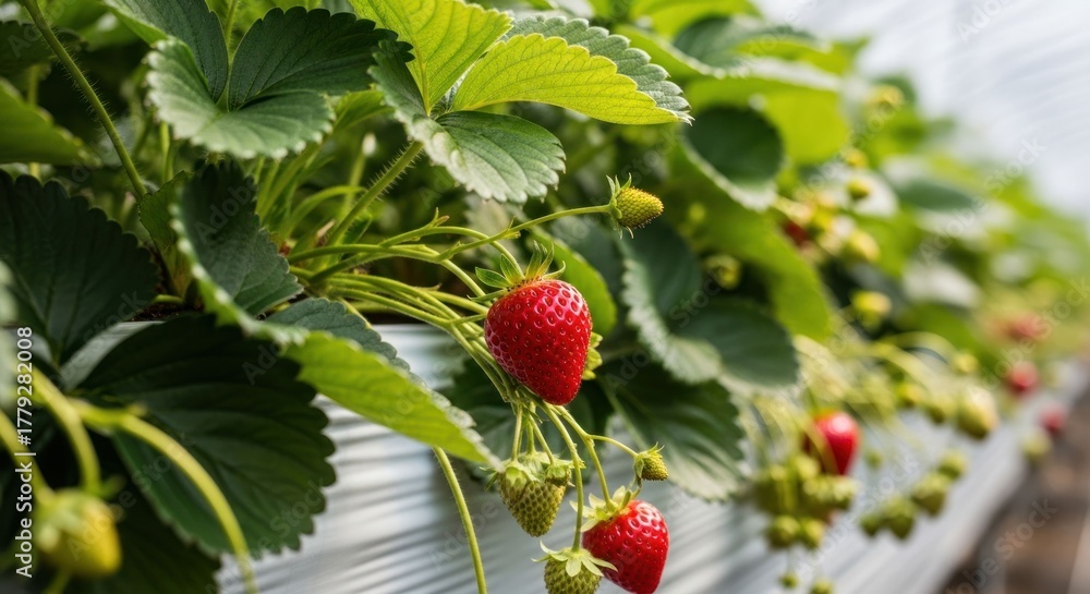 Fototapeta premium Close-up of ripe strawberries on a leafy plant, growing in a greenhouse