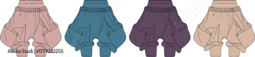 Fashionable harem pants in different colors displayed side by side for trendy apparel design