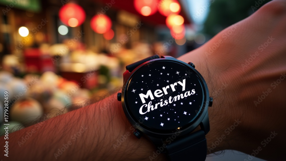 Fototapeta premium person wrist black smartwatch watch has round face white text reads merry christmas festive font background blurred appears busy street shops christmas decorations person hand visible watch resting