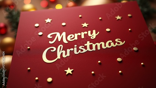 close red greeting card words merry christmas written gold cursive font card placed wooden surface small gold stars scattered around background blurred appears christmas tree red gold ornaments