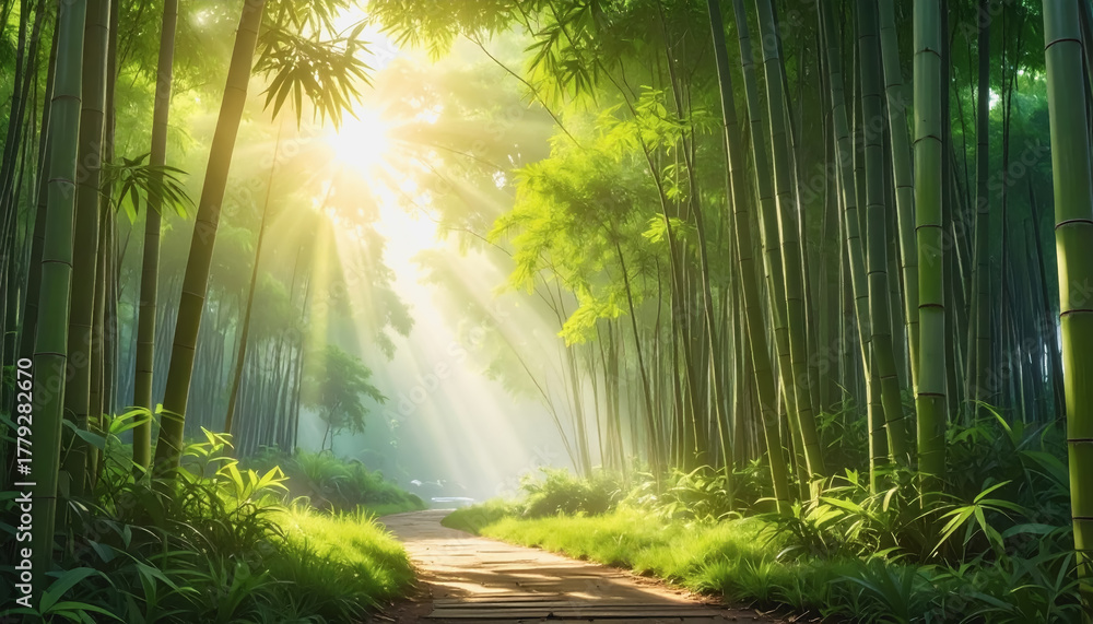 Obraz premium Enchanting bamboo forest with sunlight shining through tall trees creating a beautiful natural scene ideal for peace
