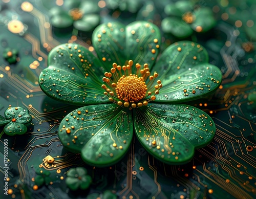 Digitally enhanced shamrock design with circuit board background