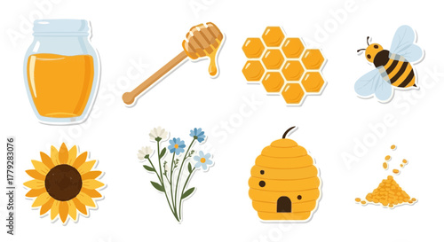featuring honey-themed objects including a honey jar, honey dipper, honeycomb, bee, beehive, sunflower, and small flowers