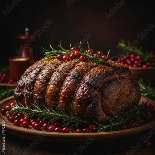Festive holiday roast with rosemary and fresh cranberries