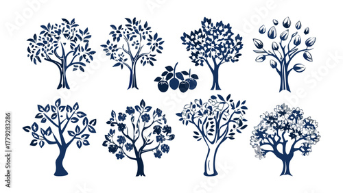 Silhouetted Trees Illustration: A collection of diverse tree silhouettes elegantly displayed, offering a sense of nature and organic form, suitable for various design applications.