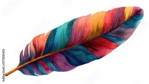 A colorful feather illustration showcasing delicate details and artistic texture in modern boho decorative style on white background
