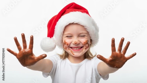 Portrait of a happy child, who plays with chocolate and shows his dirty hands
