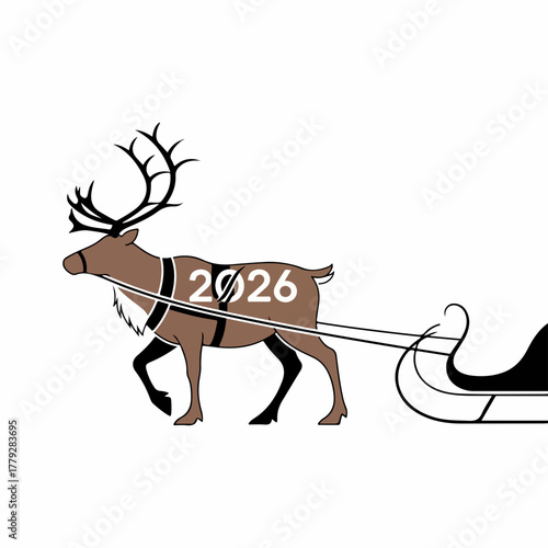 Santa's reindeer pulls sleigh, ready for holiday celebrations and Christmas preparations. Santa's reindeer with antlers looks ready to deliver presents.
