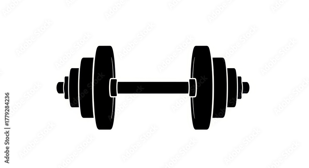 Fototapeta premium Black silhouette of a barbell with weight plates isolated on white background