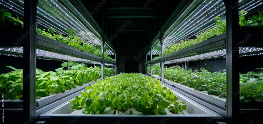 Fototapeta premium Indoor vertical farm with various leafy greens growing under LED lights. Sustainable agriculture technology and hydroponic system for urban farming concept.