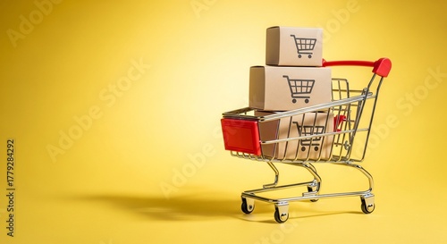 Online shopping concept featuring mini cart filled with boxes against a vibrant yellow background, perfect for e-commerce promotions and digital retail campaigns