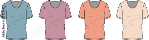 Collection of basic women's scoop neck t-shirts in multiple pastel colors. Blank vector apparel mockup for fashion design