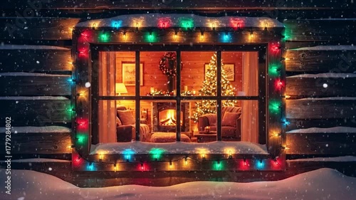 Rustic wooden cabin in the forest with falling snow. Christmas time