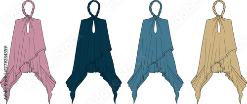 Elegant hooded poncho cape technical flat vector template. A set of women's outerwear fashion design sketches in various color mockups