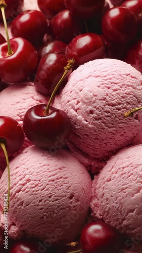 Delicious cherry ice cream served in a bowl with fresh cherries on top during a warm summer day