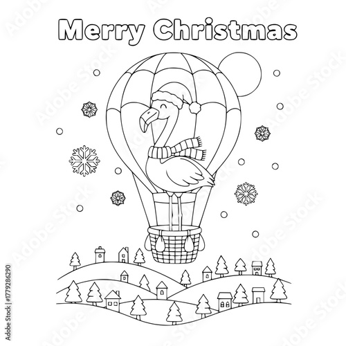 Flamingo in hot air balloon over snowy village with “Merry Christmas,” coloring book page for toddlers Generative AI