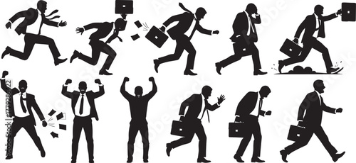Businessman, running, silhouette, urgency, briefcase, falling, motion, stress, career, rush, stumble, sprint, incline, lost hat, corporate, fast pace, office rush, 