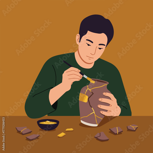 A person with dark hair, a green shirt, carefully repairs a broken ceramic vase using gold. Broken pieces sit near