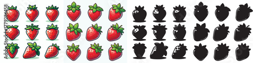 Set of vector and shilhouttes images of strawberry fruit on a white background