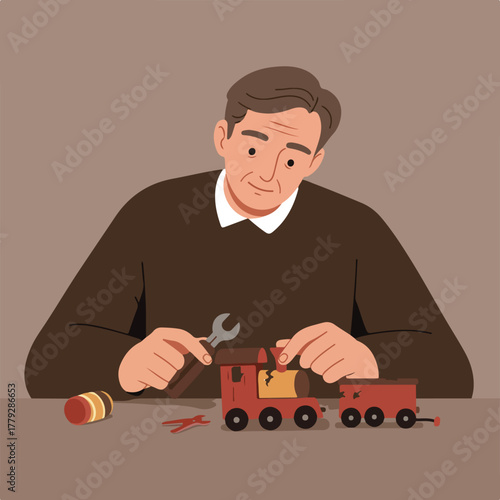 An older man fixes a toy train, utilizing tools.  A table holds the train, tools & small cylindrical objects