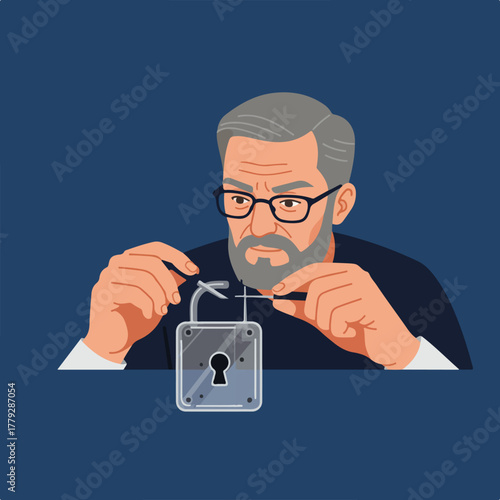 An illustrated man with glasses focuses on picking a lock using specialized tools, with a gray beard and hair