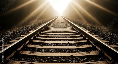 Aged railroad tracks vanishing to horizon with symbolic journey metaphor