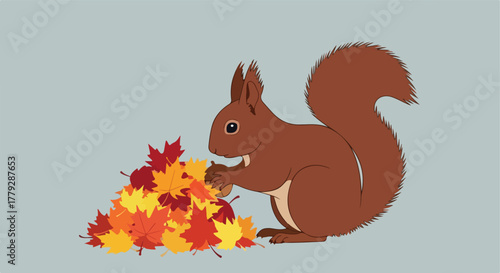 Squirrel preparing for winter with leaves and acorn