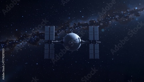 Fototapeta Naklejka Na Ścianę i Meble -  Futuristic Space Station Orbiting in the Vastness of a Dark Galaxy Connected to Stars and Energy