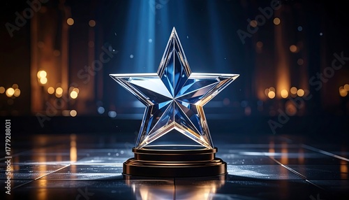 A large, radiant, star-shaped trophy in a dimly lit hall