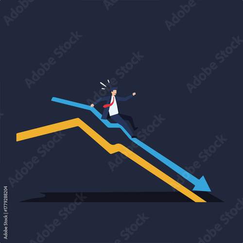 A businessman slides down a downward-trending arrow graphic, representing business decline. Dark background