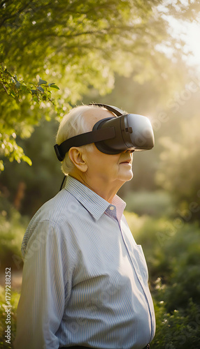 Senior man immersed in virtual reality outdoors, wearing a modern VR headset while experiencing digital worlds in a sunlit natural park.