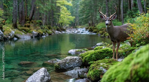 a deer standing by the river in an ancient forest, surrounded by moss-covered rocks and lush greenery.