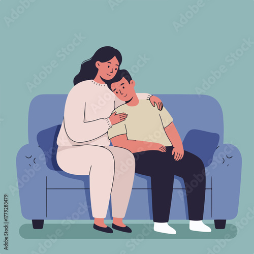 Illustration of a woman comforting a boy on a couch. The boy leans on the woman, both seated and smiling